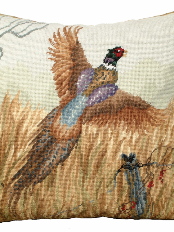 Pheasant in Flight Needlepoint Pillow (18" x 18") - Michaelian Home