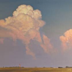 An original oil painting of thunder clouds over a rural Iowa landscape at sunset.