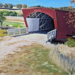 An oil painting of one of the bridges of Madison County, Iowa - Hogback Bridge.