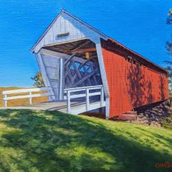An oil painting of a covered bridge in Madison County, Iowa - Imes bridge