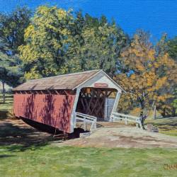 An oil painting of one of the bridges of Madison County, Iowa - Cutler-Donahue Bridge.