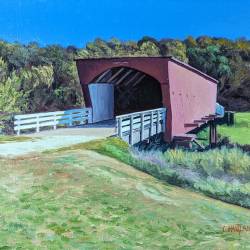 An oil painting of a covered bridge in Madison County, Iowa - Roseman Bridge.