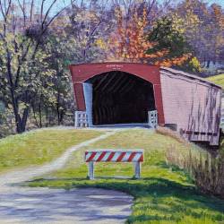 An oil painting of a covered bridge in Madison County, Iowa - Holliwell Bridge.