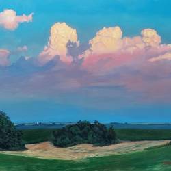 An original oil painting of clouds over a rural Iowa landscape.
