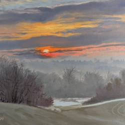 An oil painting of a rural Iowa landscape as the sun rises in late winter in the morning.