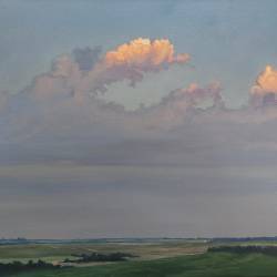 An oil painting of clouds over a rural Iowa landscape.