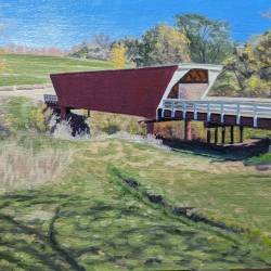 An oil painting of one of the bridges of Madison County, Iowa.