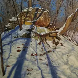 An oil painting of a landscape at a dog park